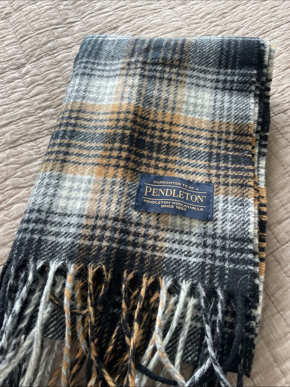 Pendleton Plaid Wool Scarf in Black, White & Tan